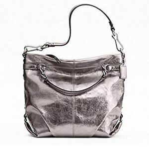 COACH Brooke Large Leather Metallic Gunmetal Silver Hobo Slouchy Bag F16618